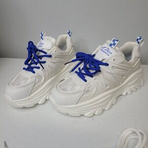 L Ditse Fashion‎ Women White Chunky Platform Sneakers w Blue Laces Size 6